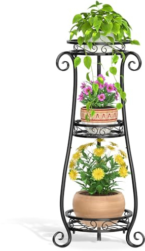 LASZOLA 3 Tiers Metal Corner Plant Flower Stand Tall Indoor Outdoor, Black | Heavy Duty Small Holder Shelf for Multiple Plants, Vintage 30 Inch High for Patio Office, Modern Sturdy Vertical Iron Rack