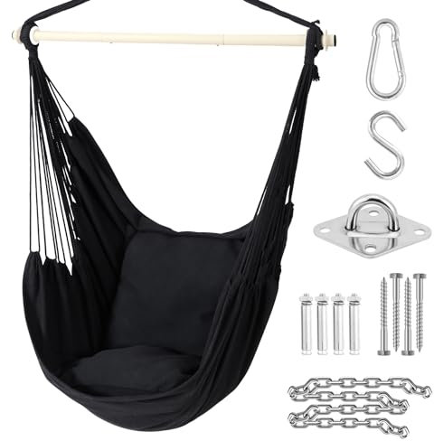 Ohuhu Hanging Chair Swing Chair with Hanging Kit, Extra Comfortable XL Portable Hammock Chair with 2 Cushions Metal Support Bar Side Pocket for Indoor Outdoor Bedroom Patio, Black