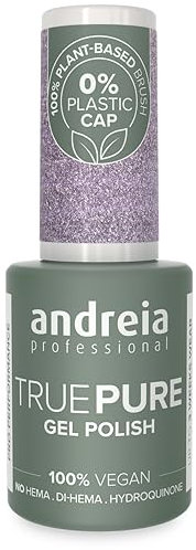 Andreia Professional Hema Free Gel Polish - TRUE PURE 21 Free and 100% Vegan for Sensitive Nails - Semi-Permanent UV LED Soak Off Gel Nail Varnish - Colour T09 Lavender Glitter 10.5ml