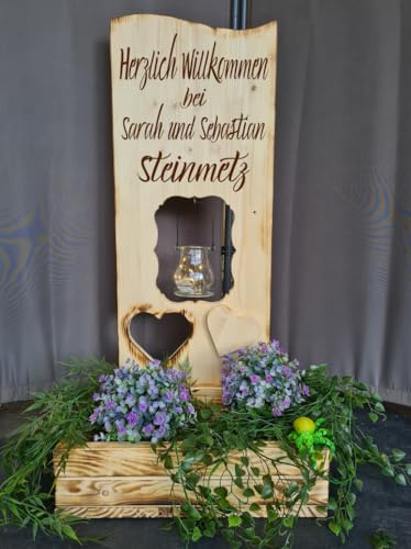 Designbysh Holzaufsteller, Holz Deko Schild Holzschild Eingangsschild mit Leuchtglas oder Solarlampe Herzlich Willkommen bei