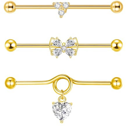Besyvvin 3stk Industrial Piercing Bars 38mm Gold Chirurgenstahl 14G Scaffold Ohr Piercing Barbell Schmetterling Herz
