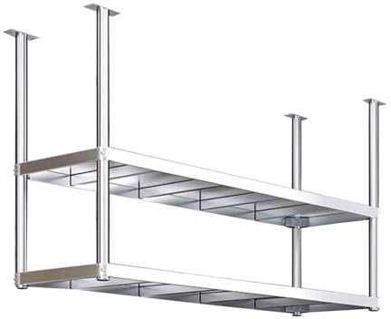 Deckenregal Hängeregal, Schwebendes Regal aus Edelstahl, 2-stufiges Lagerregal zur Deckenmontage, industrielle Ausstellungsregale für Aufhängen von Töpfen und Pfannen für Küche, Bar, Café-Wandregale (
