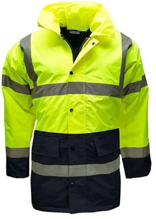 Mens HI VIS Parka Long Coat Hooded Jacket Waterproof, Safety Work Wear High Visibility Jackets Windproof Workwear Reflective Security HI VIZ Protective Construction (Fluorescent/Navy, Large)