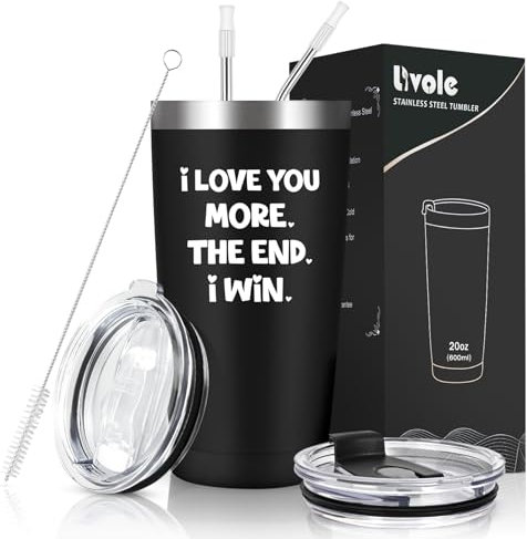 Livole Mens Valentines Gifts, Valentines Gift for Him, Men, Husband, Anniversary Romantic Gifts, Valentines Mug for Boyfriend, I Love You More The End I Win, 20oz Insulated Travel Mug with Straw