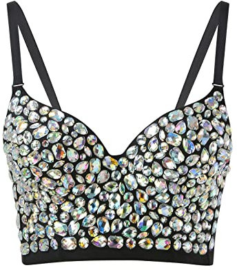 Korsett Top Damen Party, Bustier Sexy, Glitzer Crop Top Push Up BH Strass Spaghetti Tank Trägertop Sparkle Corsage Schlanke Weste Rave Clubwear Unterhemd Camisole Tanktops Frauen
