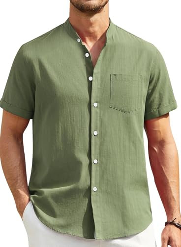 Enlision Mens Linen Shirts Short Sleeve Grandad Collarless Shirt for Men Green Summer Beach Casual Henley Cheesecloth Top Button Down for Holiday Party L
