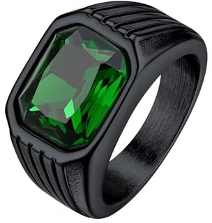 Bestyle Herren Edelstein Ring aus Edelstahl mit Zirkonia Männer 10 * 12mm Smaragd Stein Bandring Siegelring Retro Gothic-Ring, Schwarz, Größe 70