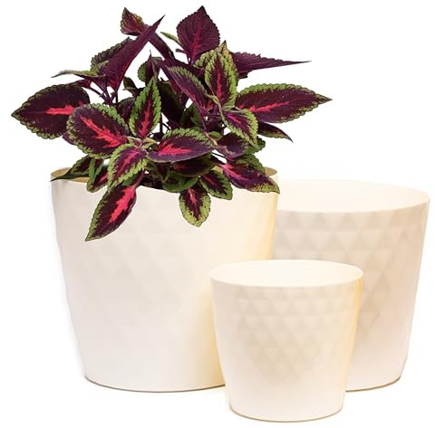 Home Garden Ornaments Écru Pot de Fleur Interieur Lot de 3 Tailles 14/16/18 cm - Pot de Fleurs Exterieur avec Surface en Cristal Brillant - Décoratif Pots de Fleurs - Pot Plante Plastique (Écru)