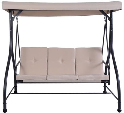SFAREST 3 Seater Swing Chair, Hammock Bench Garden Swing Seat with Adjustable Canopy and Cushions, Outdoor Hanging Rocking Chair for Balcony Backyard Poolside (Beige)