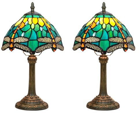 BOTOWI 2 Stück Tiffany-Lampe Grün Libellen-Stil Buntglaslampen Schlafzimmer Nachttisch Lampe für Schlafsaal Büro Kunst Handwerk Antik Dekor Nachttisch Vintage Metall Lese Schreibtischlampen 8,Blau