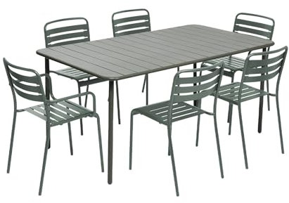 sweeek - Gartentisch + 2 Sessel und 4 Stühle, Stahl mit Rostschutzbehandlung, 160 x 90 x H 72,5cm - Amelia