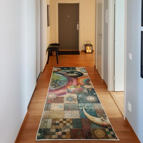 ABAKUHAUS Planeten Dekorativer Teppich, Patchwork-Look im Weltraum, Hochwertiger Flächenteppich für Schlafzimmer und Wohnzimmer, 76x229 cm, Mehrfarbig Brau