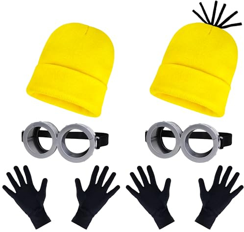 Vifcotlyp Karneval Kostüm Zubehör Set, Gelbe Kostüm Set mit Brille Beanie Mütze Handschuhe für Herren Damen Fasching Cosplay