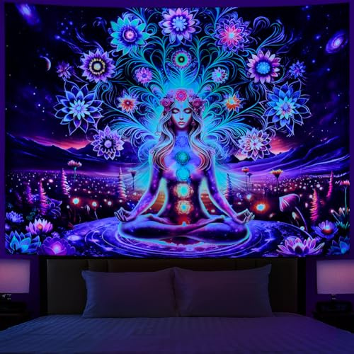 Dermijer Schwarzlicht-Wandteppich, 7 Chakren, Yoga, Meditation, Blume, Chakra, Wandteppich, Galaxie, Weltraum, Planet, Wandbehang für Wohnzimmer