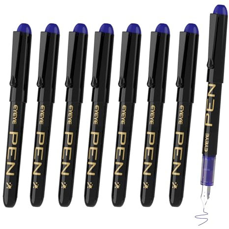 EYEYE Fountain Pens for Writing, 8 Pack Blue Fine Point Pens Disposable Fountain Pens Stainless Steel Nib, Smooth Writing for Calligraphy, Journaling, Drafting, Sketching, Doodling & Office Supplies