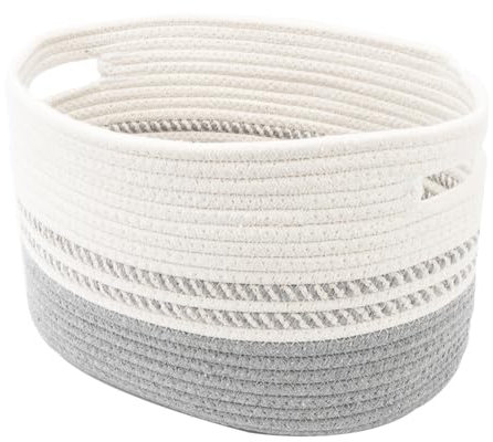 Kriovoa 1 Pack Cotton Rope Storage Baskets for Shelves, Woven Baskets with Handles, Closet Baskets for Toy Storage, Small Storage Baskets for Towel, Book, Bathroom, Nursery Organizing, Grey and White.