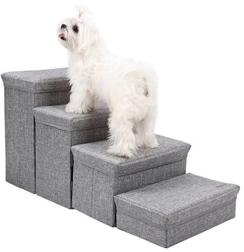 Petyoung 4-Steps Cat Dog Steps Stairs with Storage Boxes, Foldable Non-Slip Dog Stairs for Bed Sofa, Dog Ramp Pet Safety Ladder for Dogs Cats