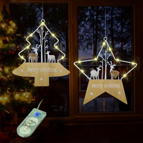 LED Sterne Weihnachtsbeleuchtung,Weihnachten Indoor Fenster Licht Dekoration,Lichter Weihnachten 2 Stück,Rentier,Fensterdeko für Weihnachten,Hochzeit,Party,Schlafzimmer,Balkon Deko