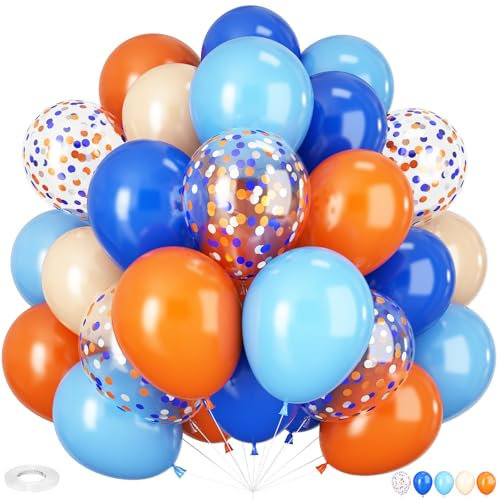Luftballons Blau Orange, 60 Stück 12 Zoll Dunkel und Hell Blau, Orange, Beige, Konfetti Latex Helium Ballons für Weltraum Space Thema Party Jungen Geburtstag Deko
