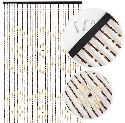Universal Wooden Beaded Door Curtain with Hooks - 35.4x78.7 in (90x200 cm) - Handmade Hanging 31 Strands Door Screen Beads for Doorways, Room Partition - Brown & Yellow Wood Bead Pattern