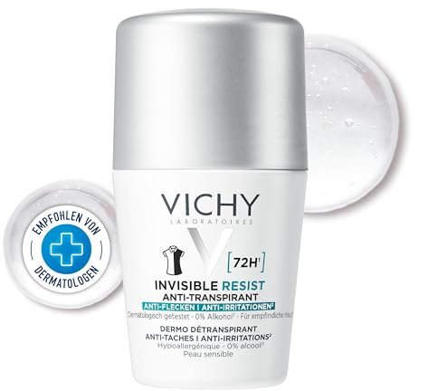 Vichy Deo Roll-on 72h AT Invisible, Deo-Roll-on für Frauen, Schweißhemmend, Besonders hautfreundlich, Keine Spuren auf der Kleidung, Ohne Alkohol, Für empfindliche Haut, 50 ml