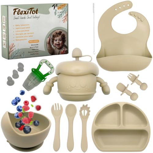FlexiTot | Juego Vajilla para Bebe de Silicona – Set Vajilla bebe BLW Completo con Platos y Cubiertos | Vajilla Infantil de Aprendizaje | Plato con compartimentos | +6 Meses | Chupete Fruta | Beige