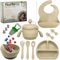 FlexiTot | Juego Vajilla para Bebe de Silicona – Set Vajilla bebe BLW Completo con Platos y Cubiertos | Vajilla Infantil de Aprendizaje | Plato con compartimentos | +6 Meses | Chupete Fruta | Beige