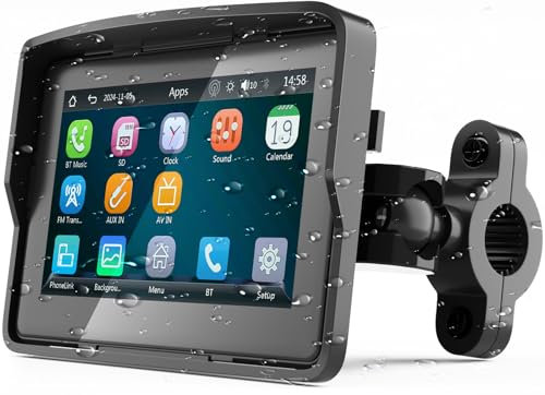 YZW Portable Wireless Motorcycle Apple Carplay & Android Auto, Motorcycle Carplay IP67 Waterproof GPS Navigation System, 5 Motorbike Touchscreen, Support Dual Bluetooth, EQ, Siri/Google Assistant