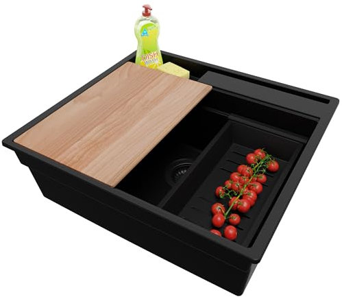 PRIMAGRAN Evier Cuisine en Granit Tout Noir 58x53cm, Lavabo 1 bac + Kit de Vidage + Planche à Découper, Évier à Encastrer al mueble 60cm - Oslo Pocket S165