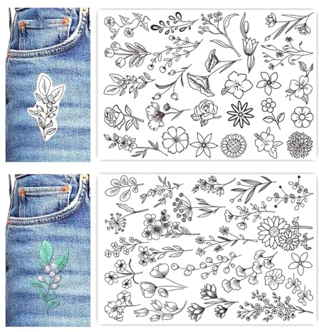 OUDQFCJ 45 pezzi stabilizzatori solubili in acqua, autoadesivo, modelli da ricamo, A4, idrosolubile, carta trasferibile per tessuti, con motivi floreali per cucire, per appassionati fai-da-te