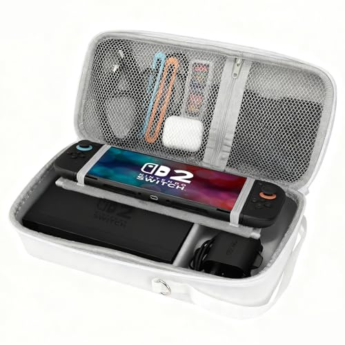 FIWWAT Carrying Case for Nintendo Switch 2, Portable Travel Storage with 12 Game Card Slots, Fit for Pro Controller Or Dock, Hidden Stand Protective Case for Switch 2 & Accessories - White