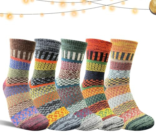 MOAZIFI 5 Paar Warme Socken Damen, Wollsocken Wintersocken Damen 39-42, Norweger Socken für Winter, Dicke Outdoor Wandersocken für Kaltes Wetter, für Männer & Frauen Wintersocken Geschenke
