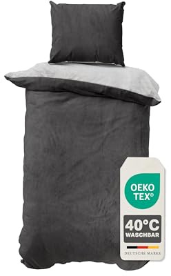 Devior Cashmere Touch Bettwäsche Winter 2-teilig, Anthrazit/Silber – 135x200 & 80x80 cm – Flauschig warme Bettwäsche für den Winter – Bettbezug flauschig mit Reißverschluss – Wendeoptik – Oeko-TEX®