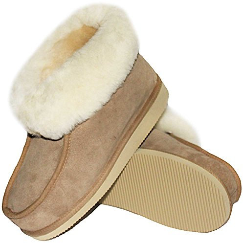 Rökü Lammfell Hausschuhe für Herren und Damen mit Rutschfester Sohle Aus Echtem gewachsenem Lammfell in Top Qualität (Größe 45, Beige)