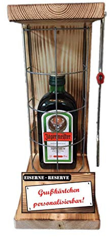 Personalisierte Geschenke für Männer Frauen Geschenkidee - Eiserne Reserve Gitter Text rot Jägermeister Likör (1 x 0.35 l) incl. Notsäge - Papa Mama Geburtstag Hochzeit