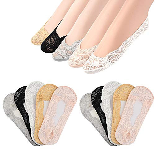 FEPITO 10 Pairs Women No Show Lace Boat Socks Non slip Ankle Socks Low Cut Liner Invisible Socks for Sneaker Loafers