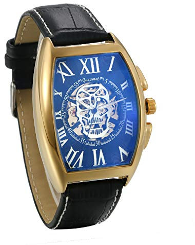 JewelryWe Herrenuhr Analog Automatik Uhr Automatische Mechanische Leder Band Totenkopf Schädel Skelett Armbanduhr Automatikuhr mit Rechteckig Römischen Ziffern Zifferblatt, Gold