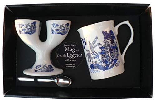 Blue Willow Double eggcup with Egg Spoon and Bone China Mug Gift Boxed