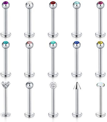 FECTAS 15stk Lippenpiercing Stecker Silber Edelstahl Labret Monroe Helix Tragus Helix Piercing Stecker 6/8/10mm mit Stein