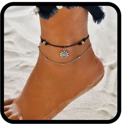 Zoestar Boho-Fußkettchen, Doppel-Fußkettchen, Silber, Sonnenblume, Armbänder, Perlen, Knöchelschmuck für Damen und Mädchen