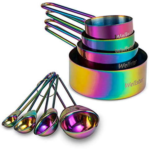 WELLSTAR Measuring Cups and Spoons Set of 8, Food Grade 18/8 Stainless Steel Measure Set for Dry Liquid Measurement, Rainbow Titanium Coated Kitchen Gadgets for Cooking Baking, 4 Cup and 4 Spoon