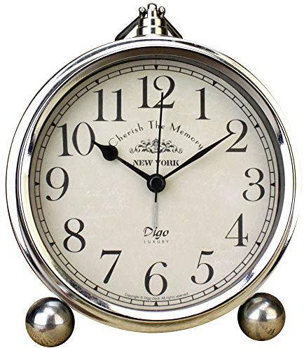 JUSTUP Vintage Table Clock, Iron European Style Desk Clock Battery Operated Non-Ticking Mantle Clock for Home Decor (Silver)