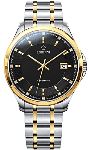 Lobinni Herren Uhr Mechanische Automatik Analog Luxus Mode Kleid Kalender Business Uhren Gold-Schwarz, Goldschwarz, Armband
