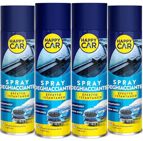 HappyCar 4 Spray Antighiaccio Auto 300 ml - Deghiacciante Sciogli Ghiaccio per Vetri e Parabrezza - Sblocca Finestrini, Cerniere, Guarnizioni e Serrature