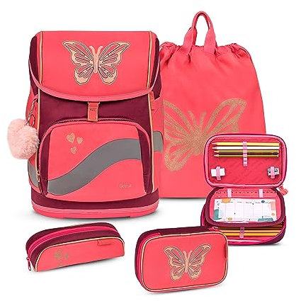 Belmil Premium Smarty Plus ergonomisches Schulranzen Set 5-teilig, AGR, Brustgurt, Hüftgurt, Magnetverschluss (405-51/P/S Coral)