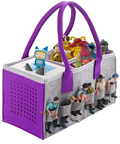 Tasche for toniebox Tonie, Aufbewahrung Box Tragetasche mit Griff, für Toniebox Starter Set und Tonies Figur, Zubehör Schutzhüllen-Organizer für über 30 Figuren (Grau + Lila)