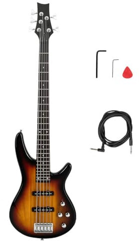 Ktaxon - Guitarra de bajo eléctrico de 5 cuerdas, tamaño completo estándar para diestros de palisandro con correa, cable, selección, herramienta de llave (puesta del sol)