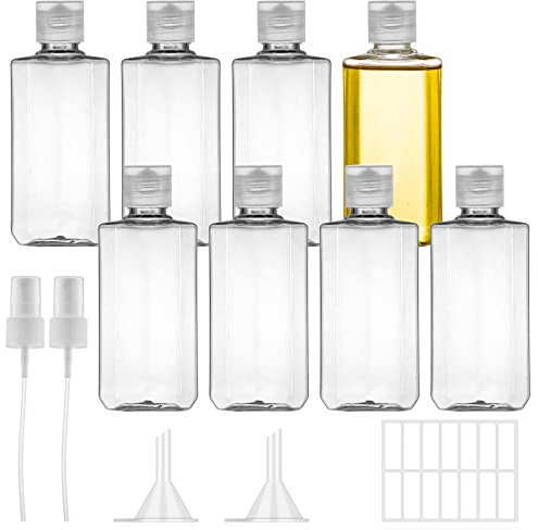 Ysimple 8 Pièces Flacons Vide de Voyage - Bouteille Contenant Plastique 100ml, Vides Petit Flacon Transparent, Ensemble Flacon Spray Vide Avec Arroseur, Entonnoir, Étiquette pour Les Voyages en Avion