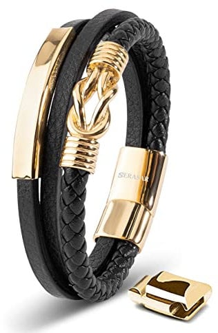 SERASAR Pulsera Cuero Hombre Oro 17cm Dorado Hombre Chico Pulseras Hombres Brazalete Brazaletes Pulso Muñequera Muñequeras Bisuteria Joyeria Nudos Cuerda Leather Bracelet Jewellery Bandera España