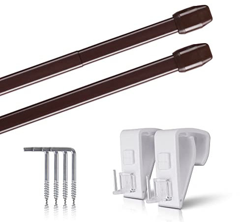 Vitragestangen 2er Pack ausziehbar, 2 Gardinenstangen mit Klemmträger - Befestigung ohne Bohren (Farbe: braun, Größe: 80-120cm)